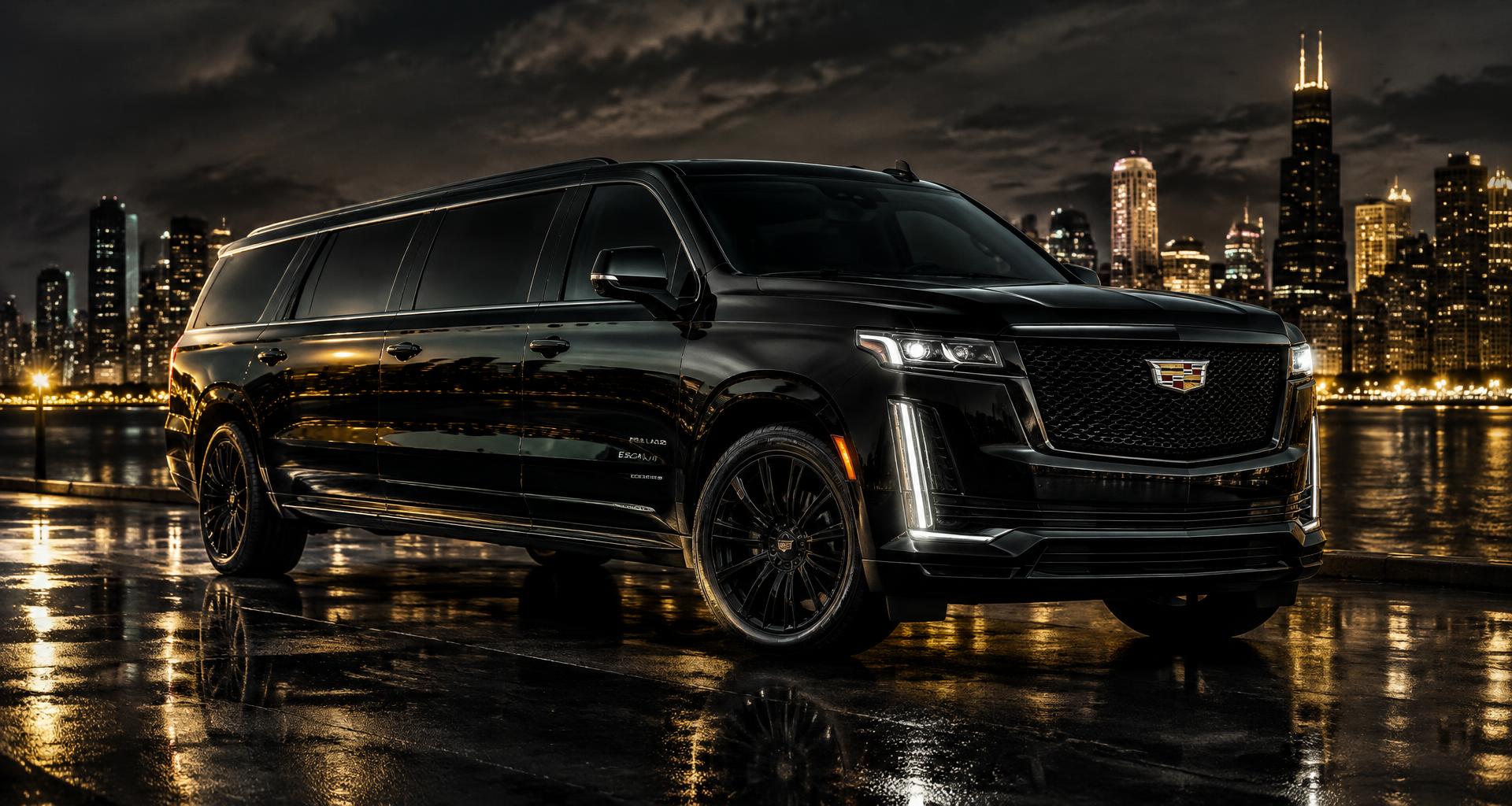 Black luxury limousine SUV at night for Syracuse NY limo service